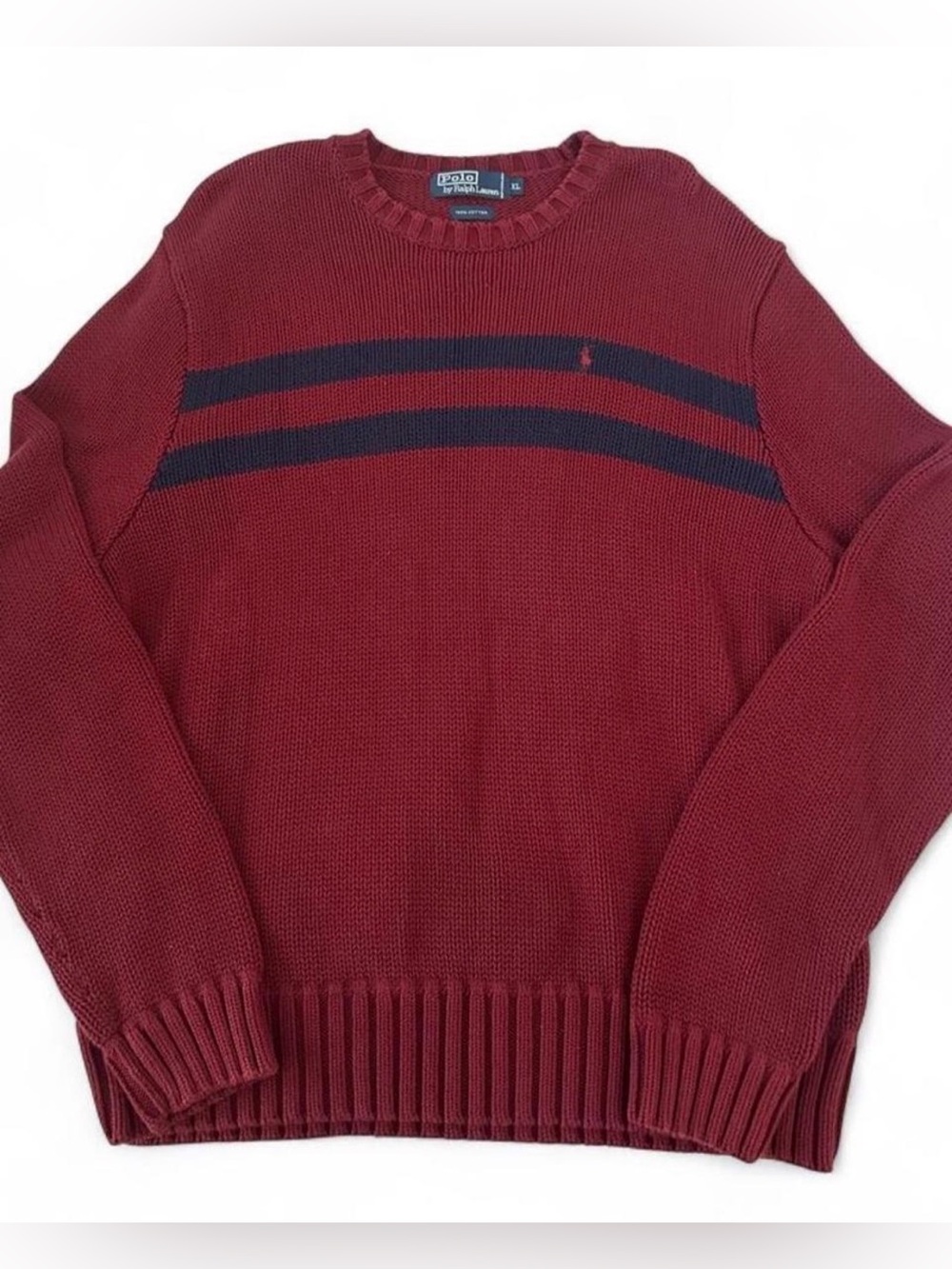 Ralph Lauren Men's Burgundy Crewneck Sweater with Navy Stripes
